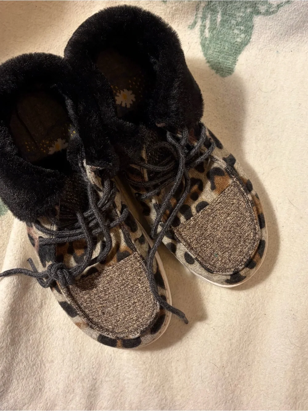 Hey Dude Kids Leopard Print Slip-On Shoes with Black Faux-Fur Collar